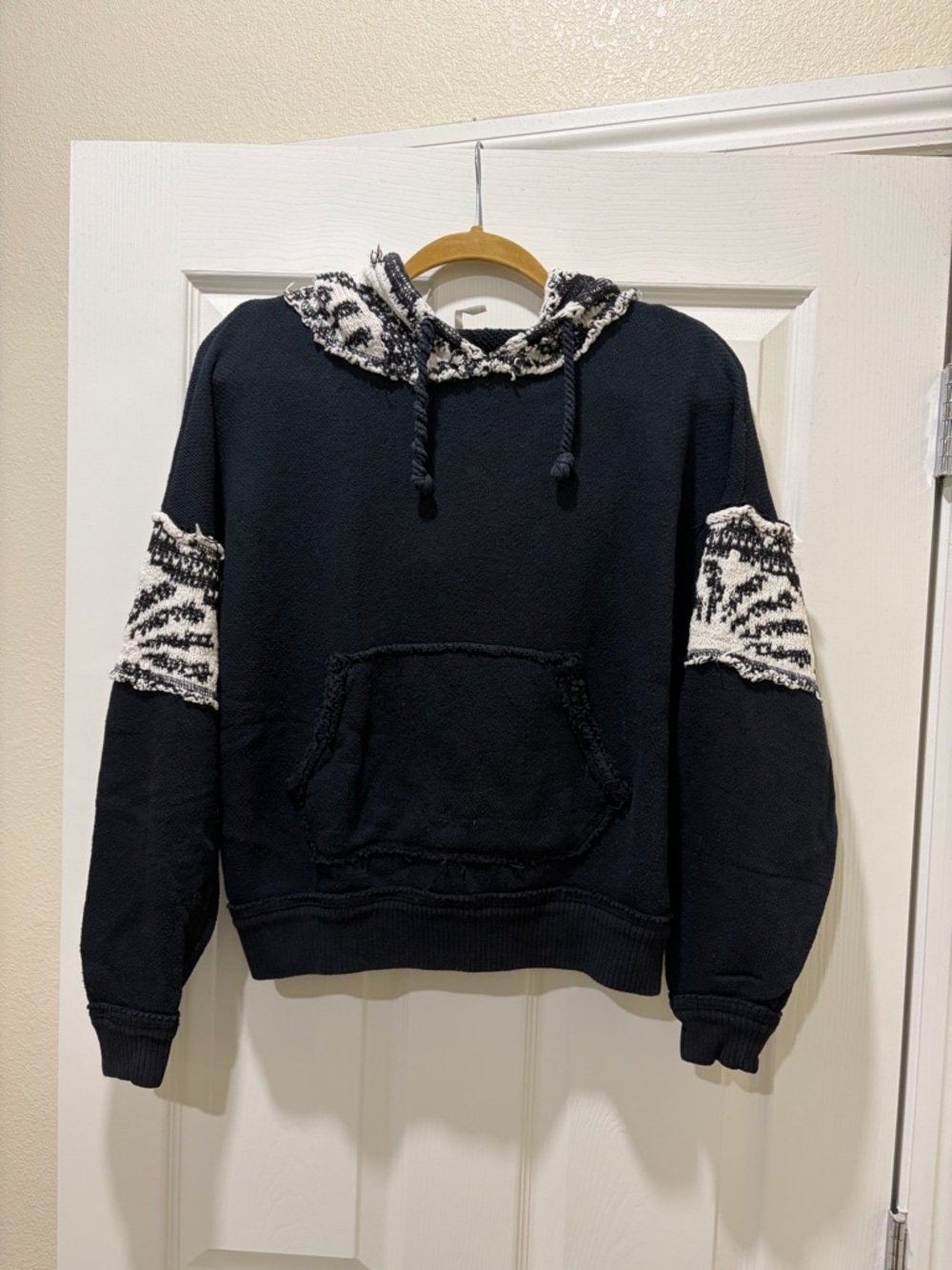 Free People Black Pullover Hoodie with Cream Knit Trim